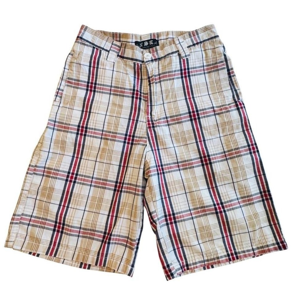 NSI Vintage Boys Plaid Cargo Shorts Size 16 Beige Red Black Cotton Blend